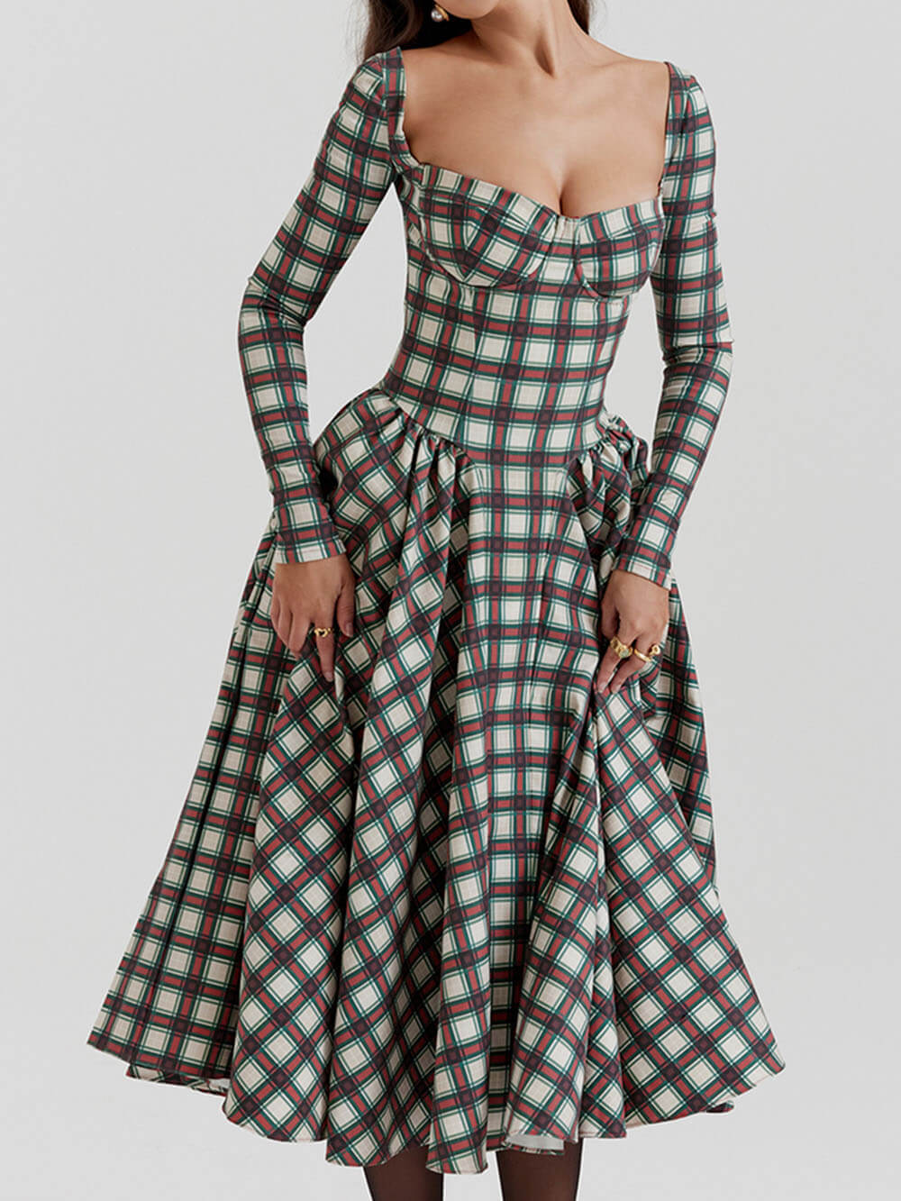 Vestido midi con corsé en tartán carmesí audaz