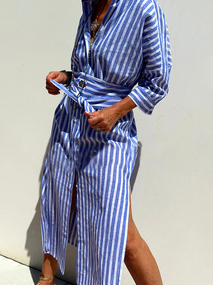 Vestido camisero midi de Splendor con estampado a rayas, botones frontales, cinturón y mangas cortas