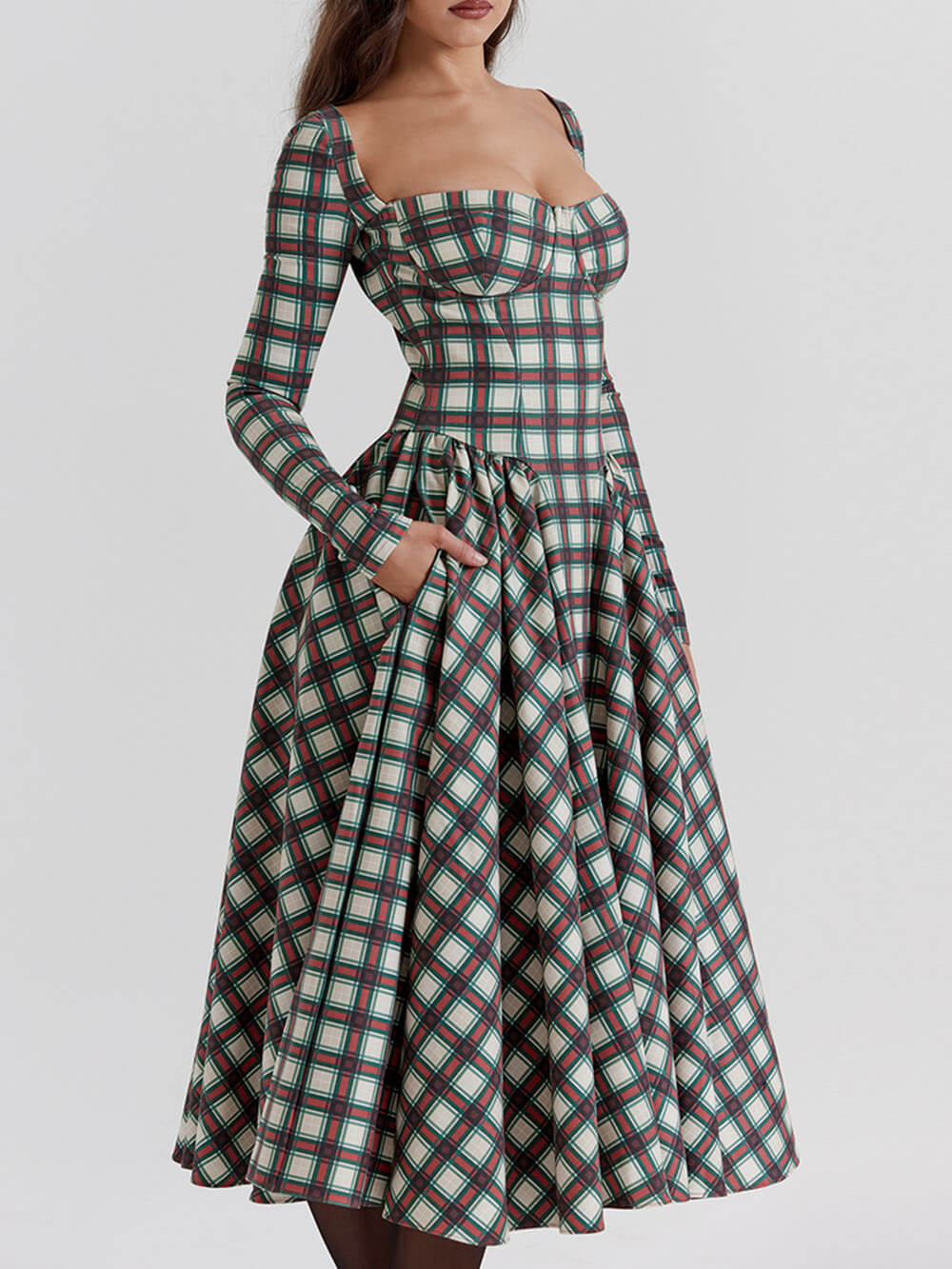 Vestido midi con corsé en tartán carmesí audaz