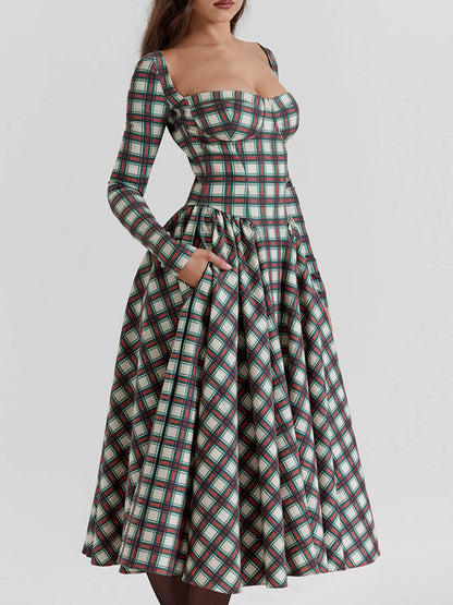Vestido midi con corsé en tartán carmesí audaz