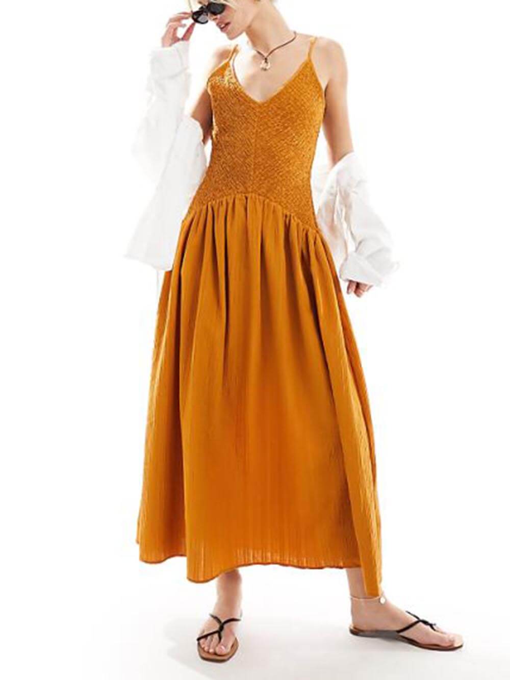 Vestido midi sin mangas de patchwork con tirantes y frunces elásticos