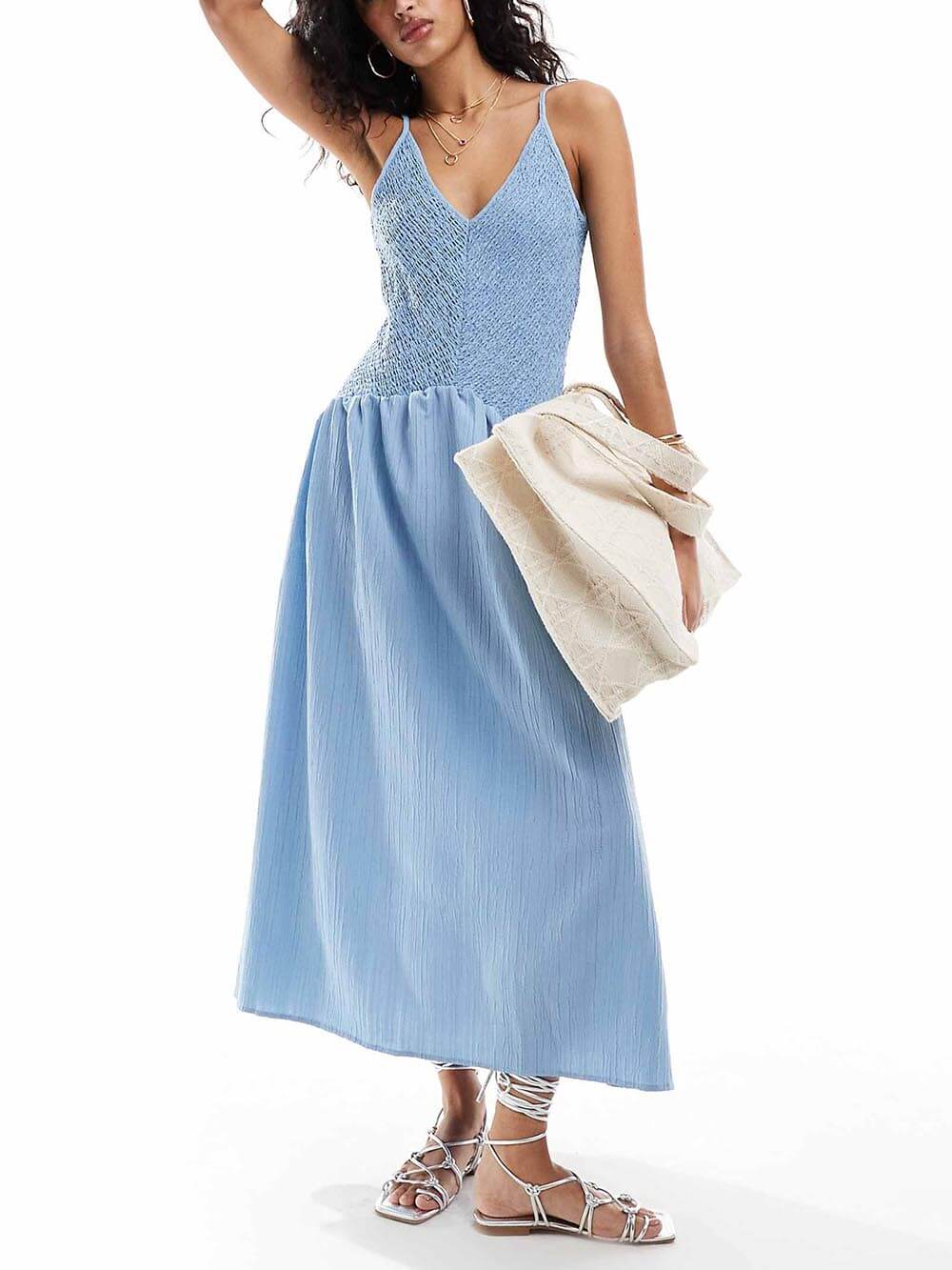 Vestido midi sin mangas de patchwork con tirantes y frunces elásticos