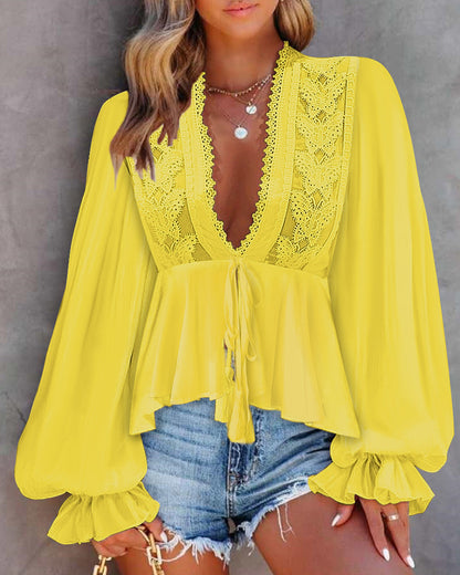 Blusa de manga larga con diseño de mariposa, escote en V profundo, casual, lazo frontal, puños acampanados, ribete de encaje, dobladillo en A