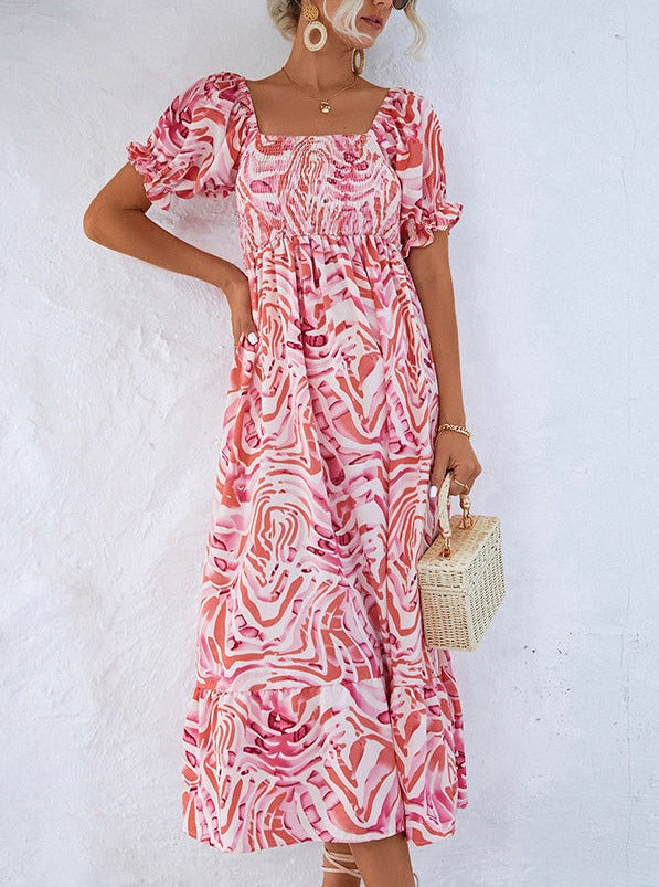 Vestido midi elegante de hombros al descubierto con estampado fruncido