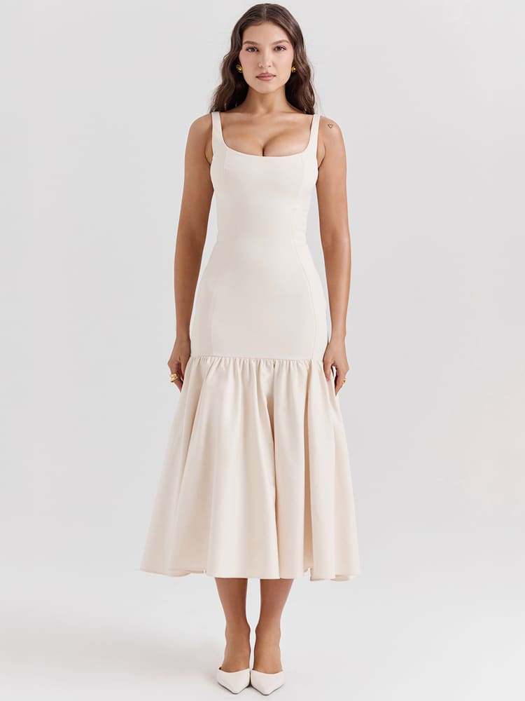 Vestido midi de tiro bajo de inspiración vintage en crema-beige