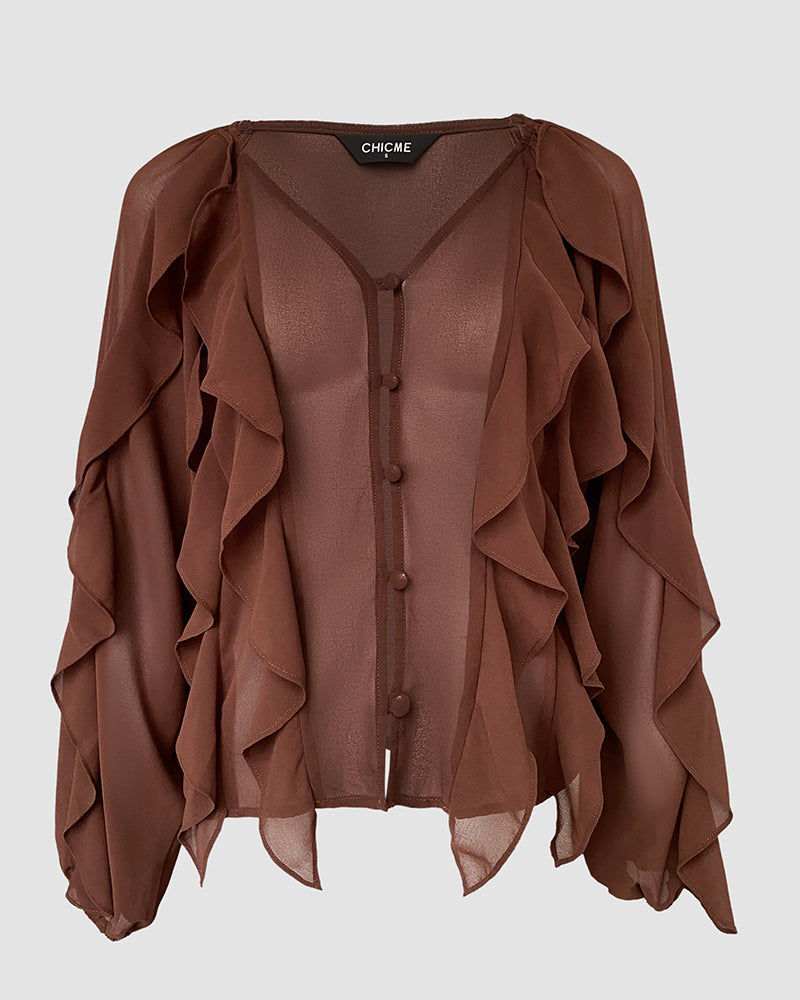 Blusa con escote en V y volantes en los hombros, diseño casual, con botones frontales, manga larga
