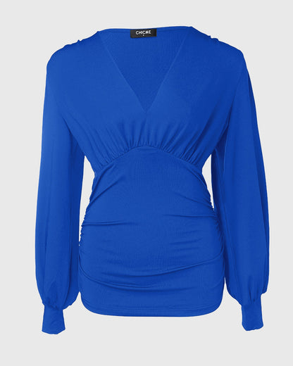 Blusa de escote en V profundo con mangas farol fruncidas, de estilo casual y ajuste entallado