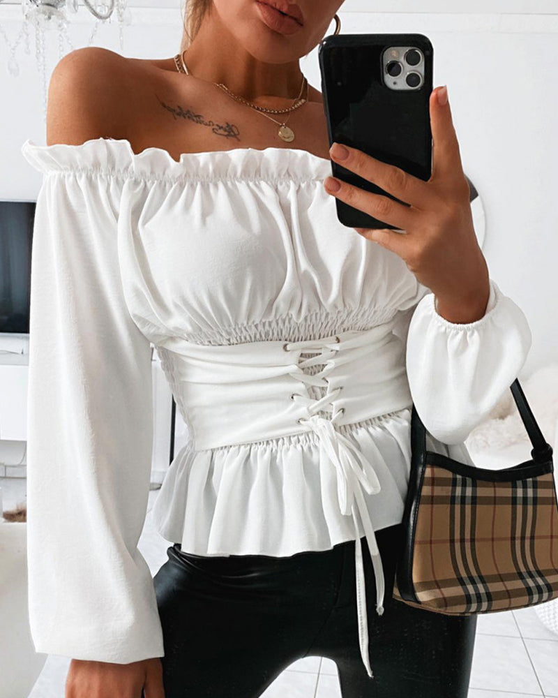 Blusa de hombros descubiertos con ribete de volantes, manga larga, cordón frontal, casual, cintura fruncida y dobladillo acampanado