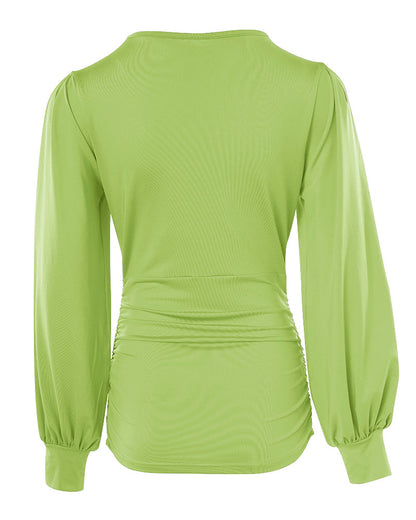 Blusa de escote en V profundo con mangas farol fruncidas, de estilo casual y ajuste entallado