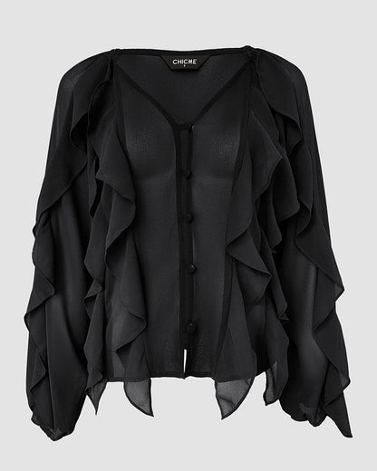 Blusa con escote en V y volantes en los hombros, diseño casual, con botones frontales, manga larga