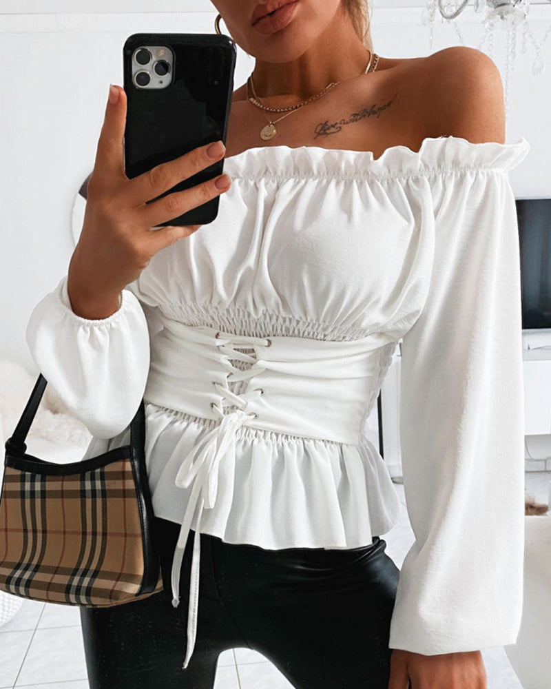Blusa de hombros descubiertos con ribete de volantes, manga larga, cordón frontal, casual, cintura fruncida y dobladillo acampanado
