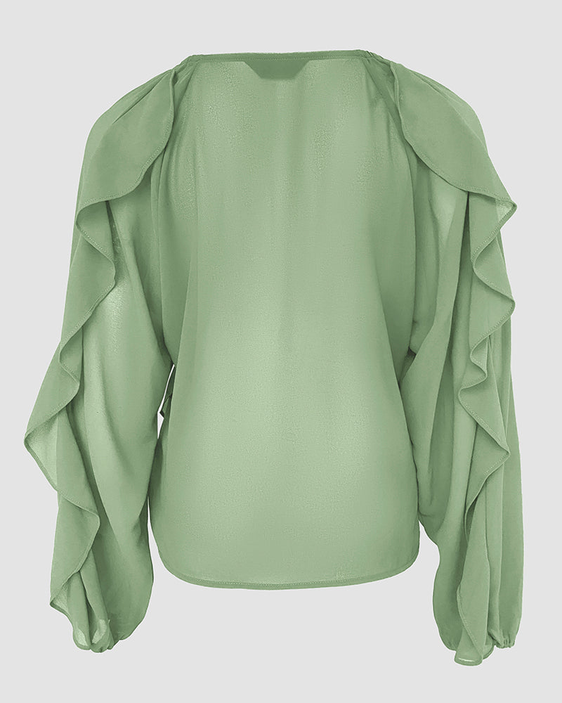 Blusa con escote en V y volantes en los hombros, diseño casual, con botones frontales, manga larga