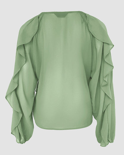 Blusa con escote en V y volantes en los hombros, diseño casual, con botones frontales, manga larga