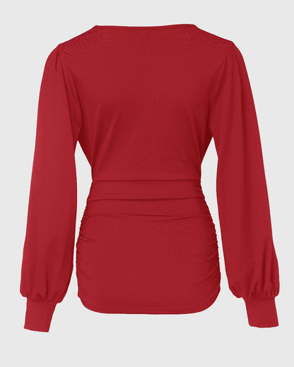 Blusa de escote en V profundo con mangas farol fruncidas, de estilo casual y ajuste entallado