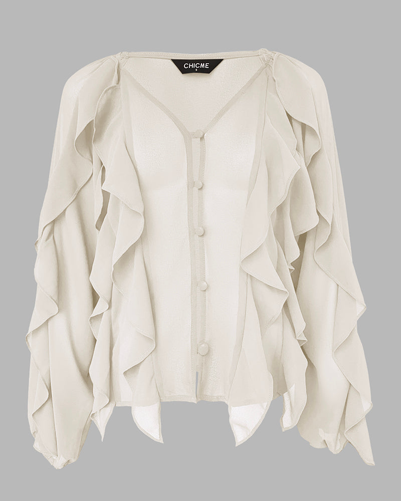Blusa con escote en V y volantes en los hombros, diseño casual, con botones frontales, manga larga
