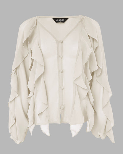 Blusa con escote en V y volantes en los hombros, diseño casual, con botones frontales, manga larga