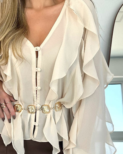 Blusa con escote en V y volantes en los hombros, diseño casual, con botones frontales, manga larga