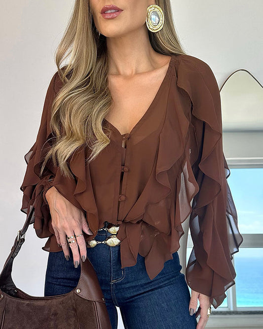 Blusa con escote en V y volantes en los hombros, diseño casual, con botones frontales, manga larga