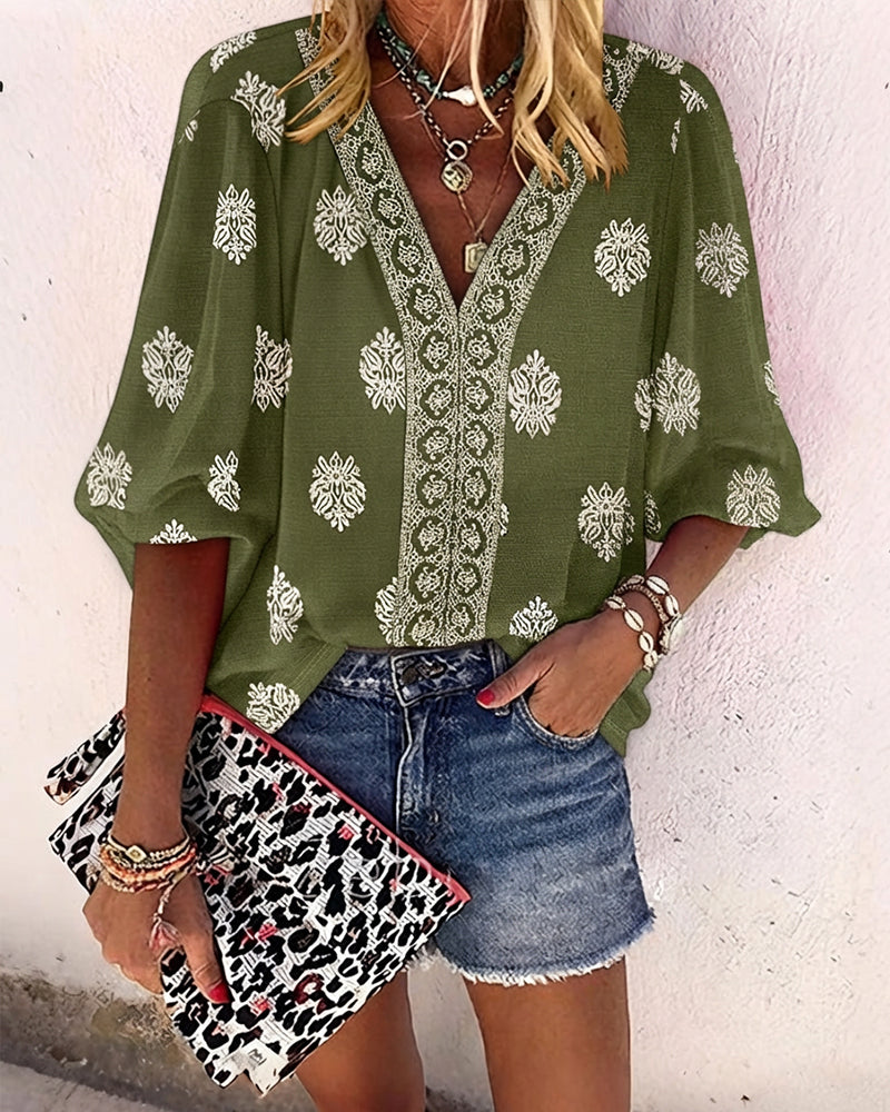 Blusa vintage con estampado barroco de colocación, escote en V, manga farol, casual de manga larga y corte holgado, top bohemio