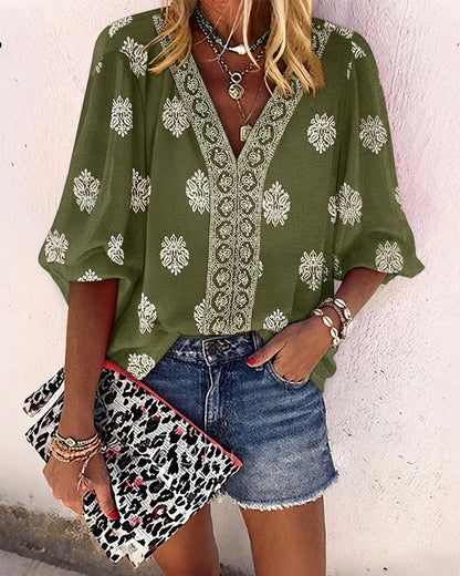 Blusa vintage con estampado barroco de colocación, escote en V, manga farol, casual de manga larga y corte holgado, top bohemio
