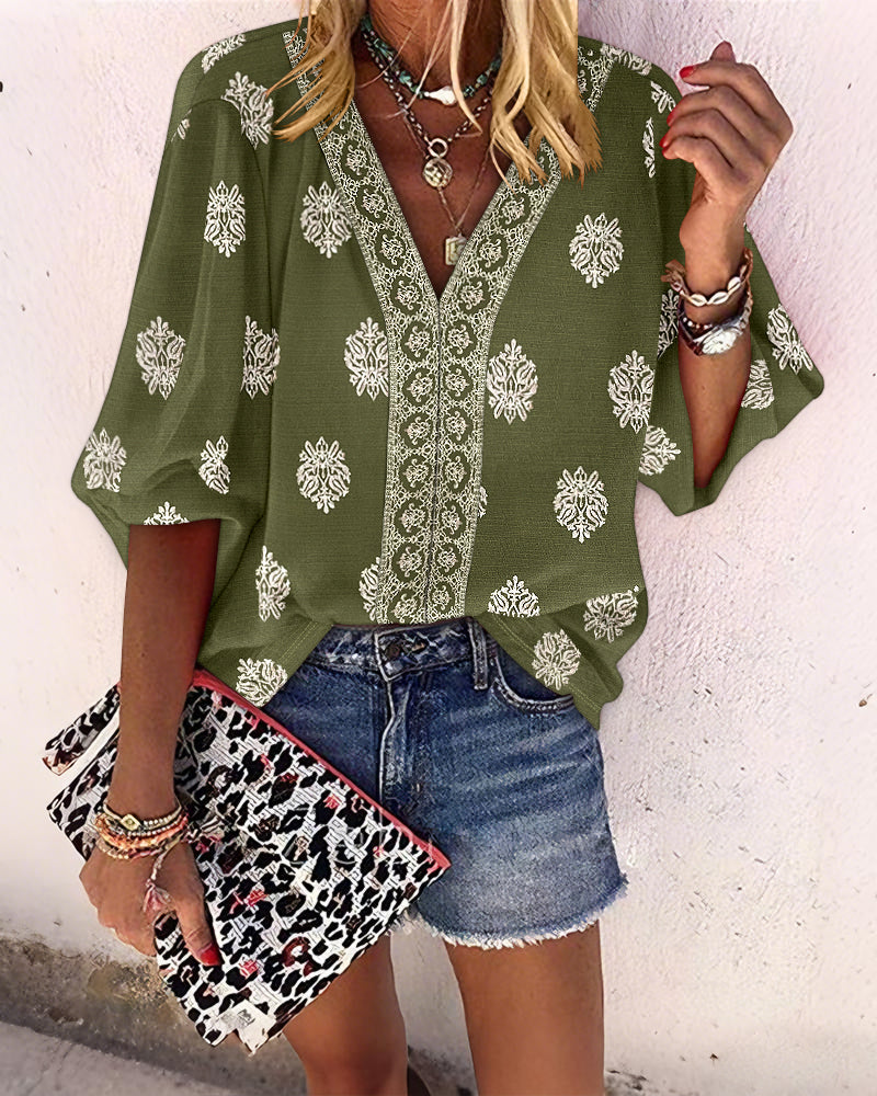 Blusa vintage con estampado barroco de colocación, escote en V, manga farol, casual de manga larga y corte holgado, top bohemio