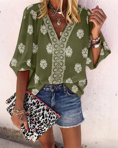 Blusa vintage con estampado barroco de colocación, escote en V, manga farol, casual de manga larga y corte holgado, top bohemio