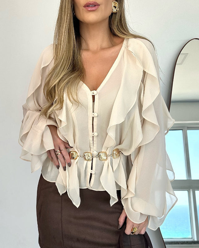 Blusa con escote en V y volantes en los hombros, diseño casual, con botones frontales, manga larga