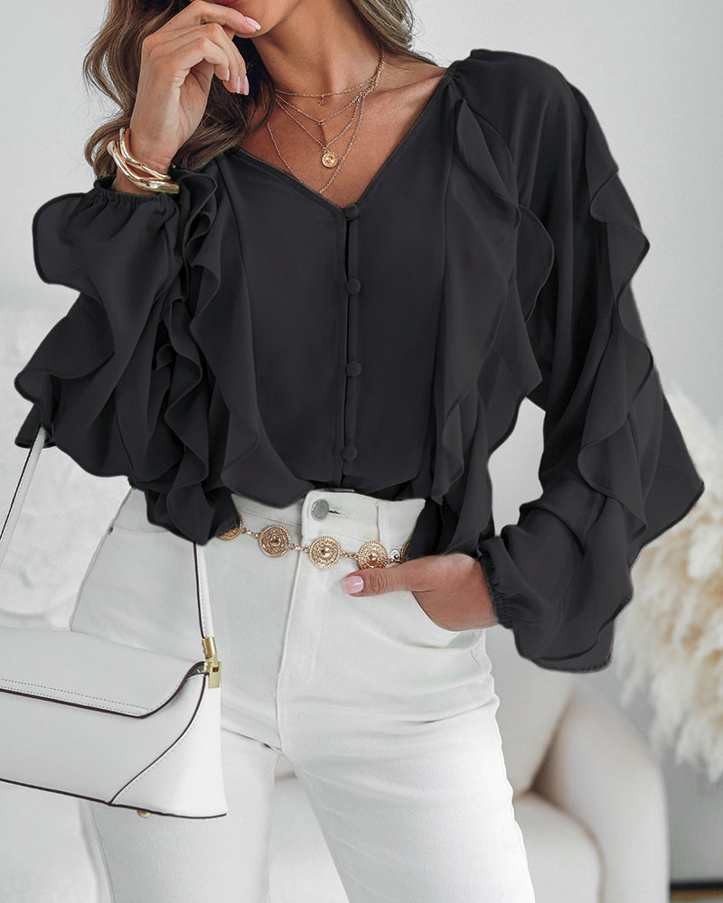 Blusa con escote en V y volantes en los hombros, diseño casual, con botones frontales, manga larga