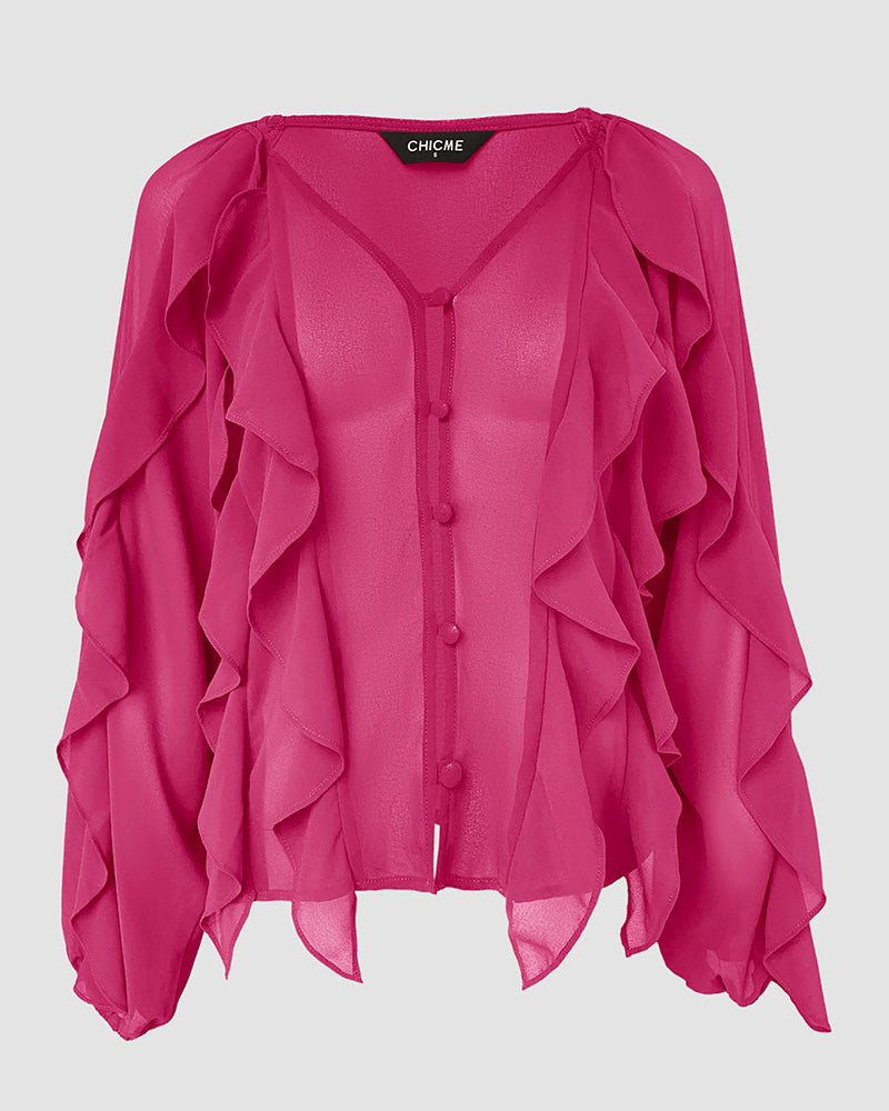 Blusa con escote en V y volantes en los hombros, diseño casual, con botones frontales, manga larga