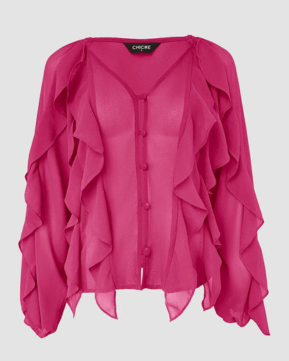 Blusa con escote en V y volantes en los hombros, diseño casual, con botones frontales, manga larga