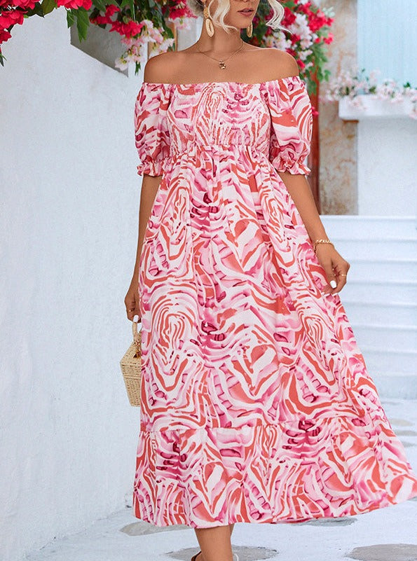 Vestido midi elegante de hombros al descubierto con estampado fruncido