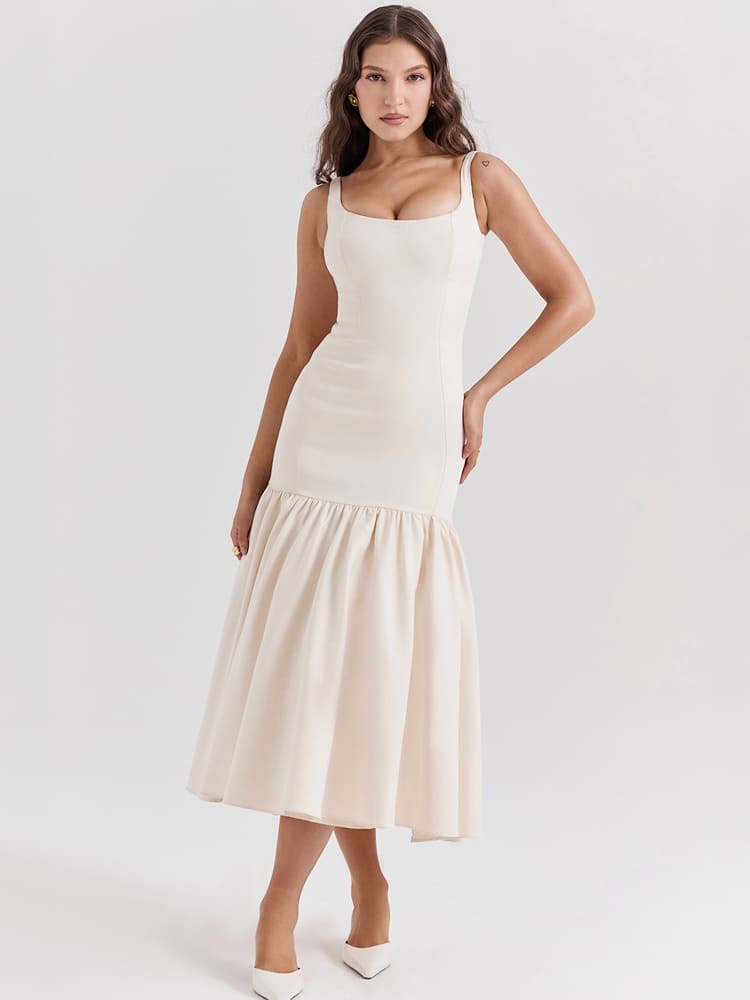 Vestido midi de tiro bajo de inspiración vintage en crema-beige