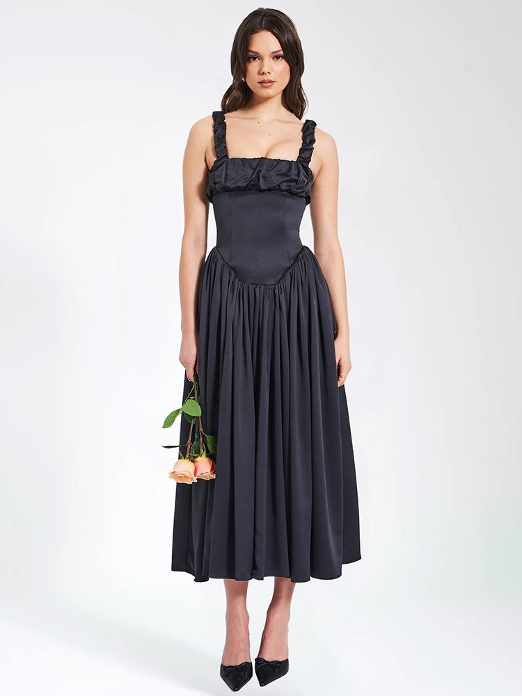 Vestido maxi plisado de tirantes Noreen con mangas abullonadas