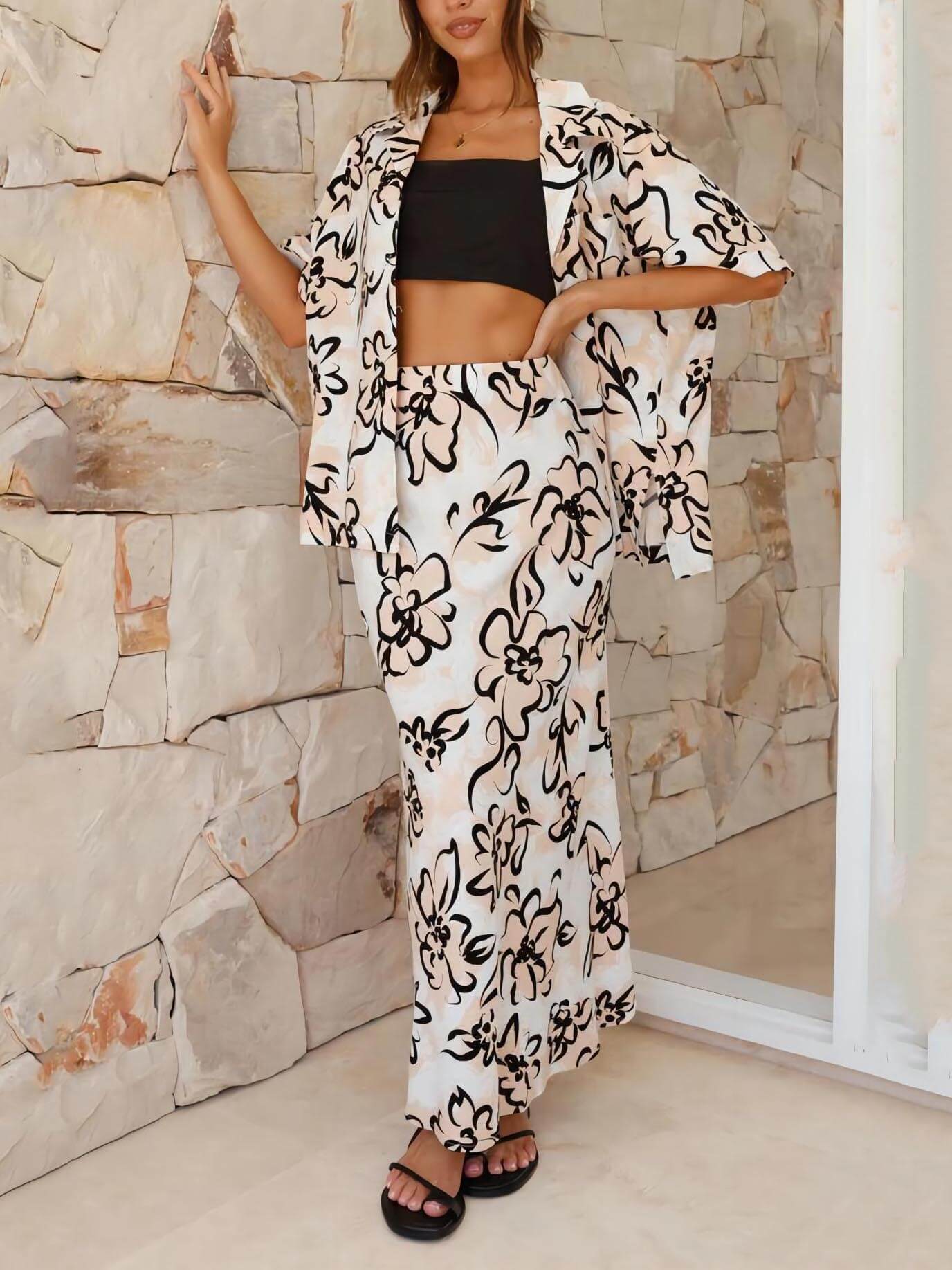 Conjunto coordinado de estampado floral botánico - Estilo diario sin esfuerzo