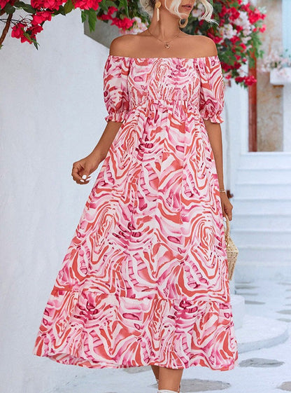 Vestido midi elegante de hombros al descubierto con estampado fruncido
