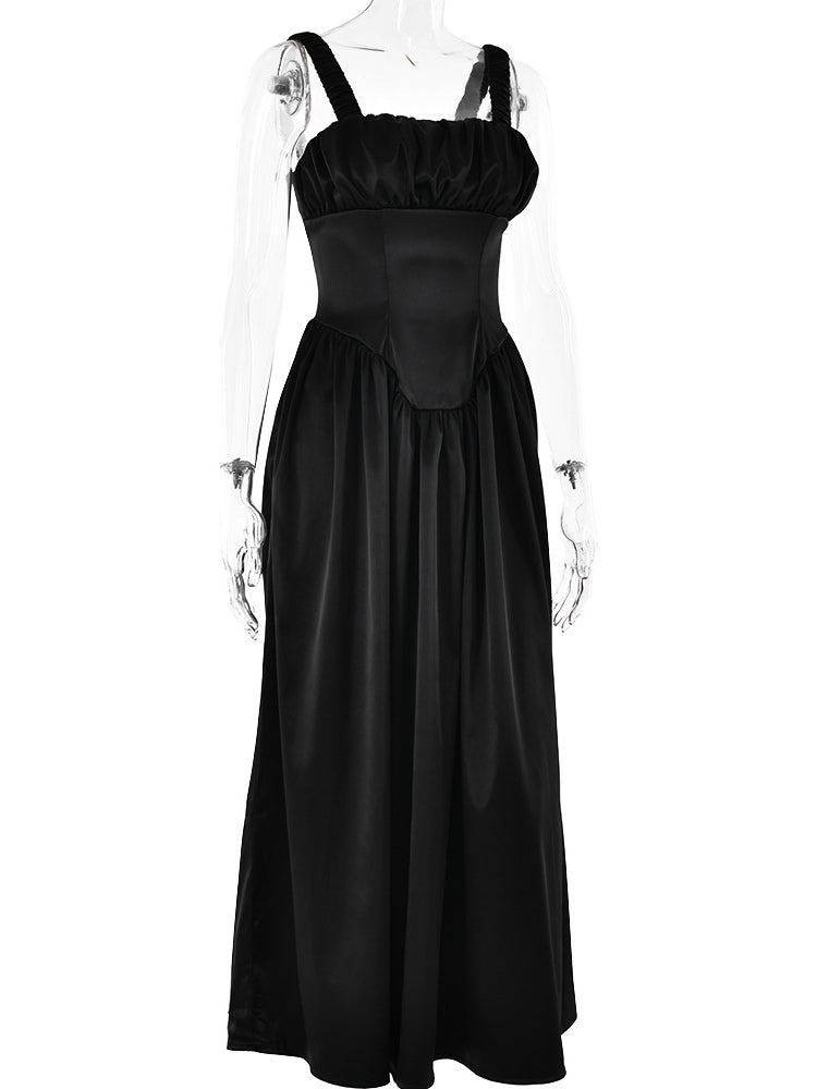 Vestido maxi plisado de tirantes Noreen con mangas abullonadas