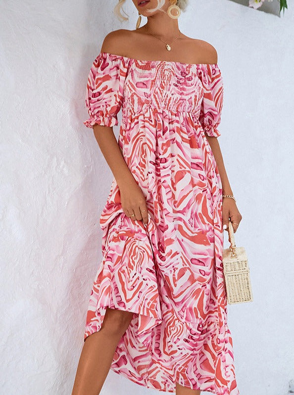 Vestido midi elegante de hombros al descubierto con estampado fruncido