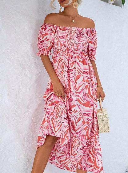 Vestido midi elegante de hombros al descubierto con estampado fruncido