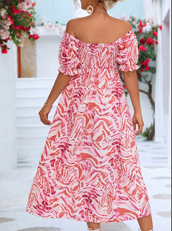 Vestido midi elegante de hombros al descubierto con estampado fruncido