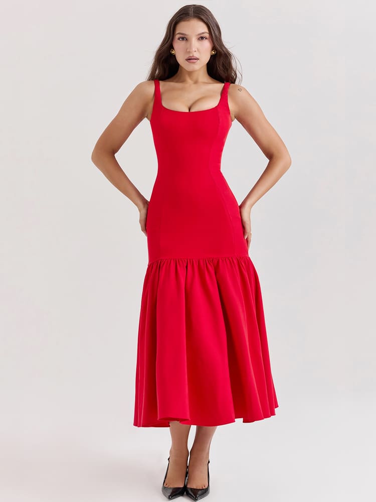 Vestido midi ceñido de cintura baja en rojo escarlata, sensual
