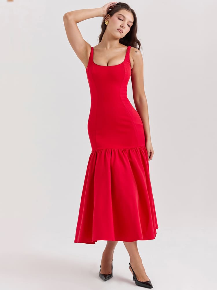 Vestido midi ceñido de cintura baja en rojo escarlata, sensual