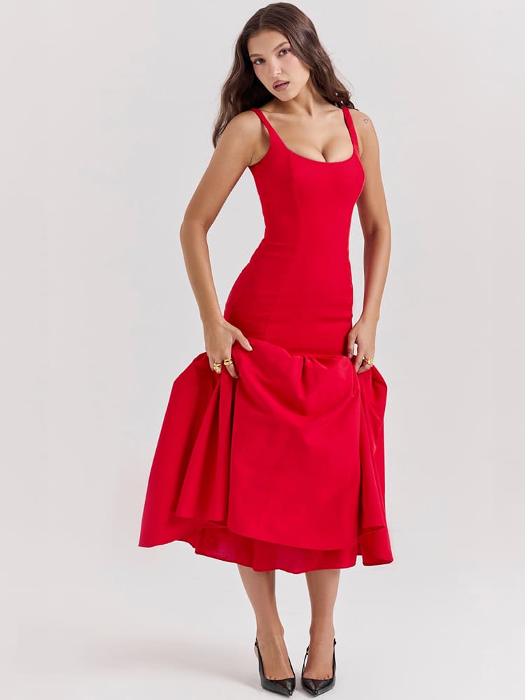 Vestido midi ceñido de cintura baja en rojo escarlata, sensual
