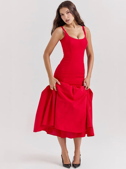 Vestido midi ceñido de cintura baja en rojo escarlata, sensual
