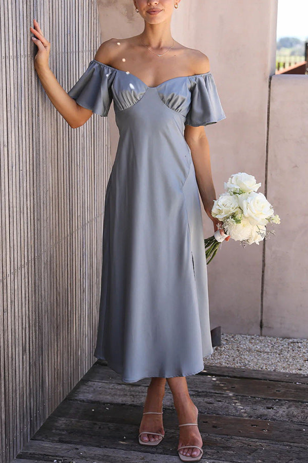 Vestido midi elegante sin hombros con manga volante y abertura lateral