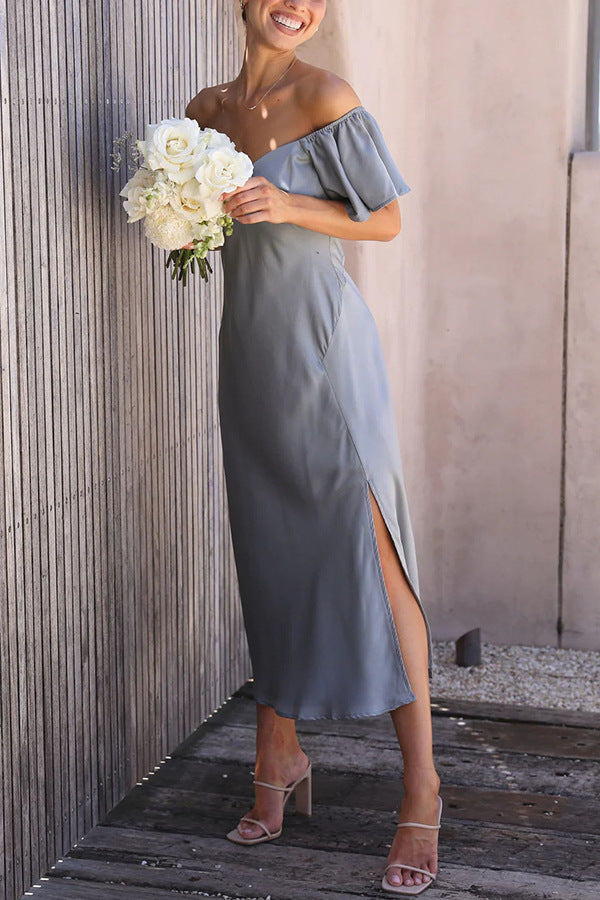 Vestido midi elegante sin hombros con manga volante y abertura lateral