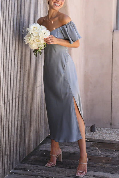 Vestido midi elegante sin hombros con manga volante y abertura lateral