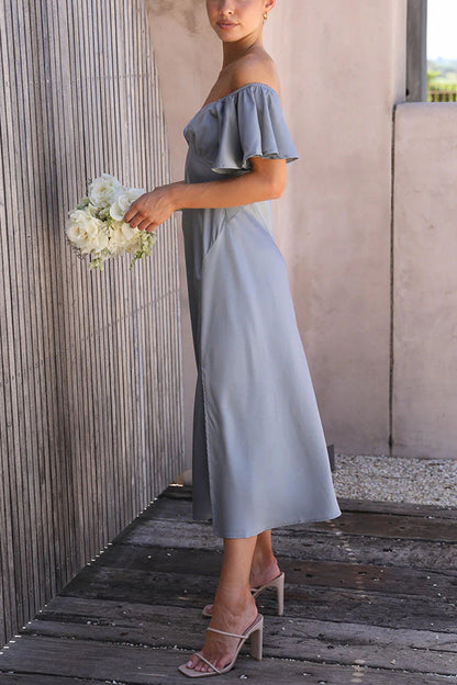Vestido midi elegante sin hombros con manga volante y abertura lateral