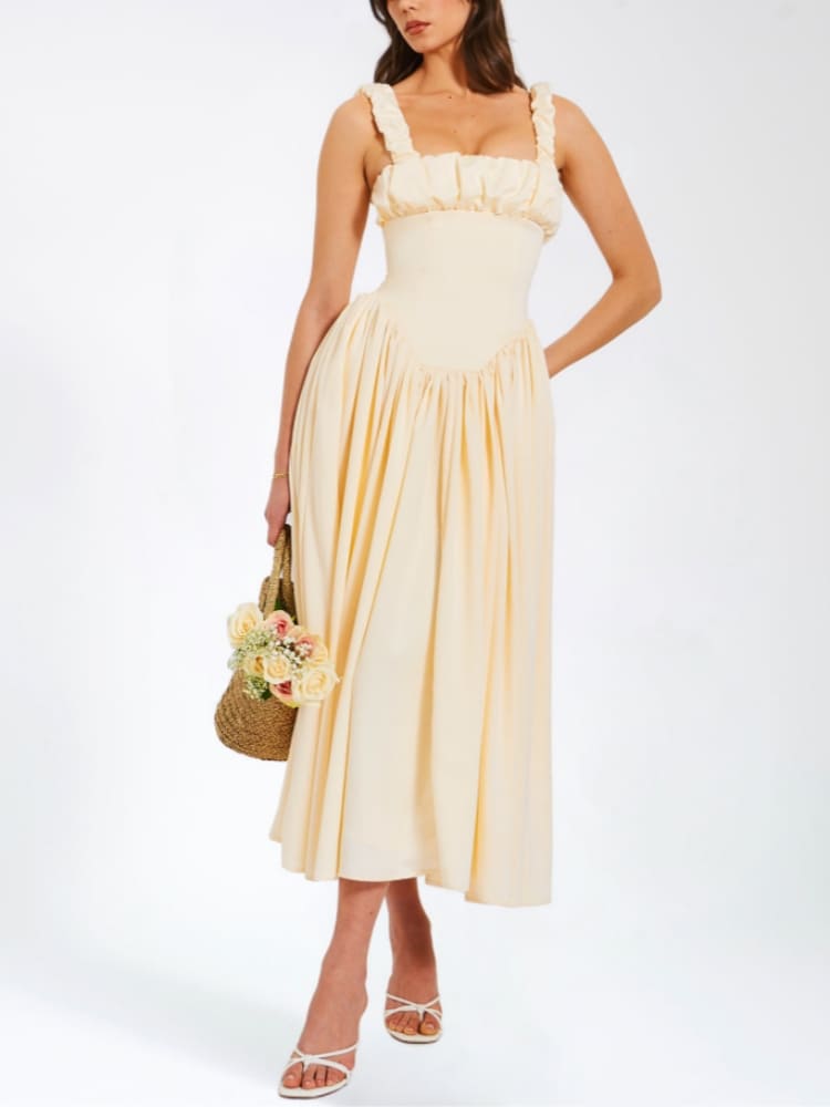 Vestido maxi plisado de tirantes Noreen con mangas abullonadas