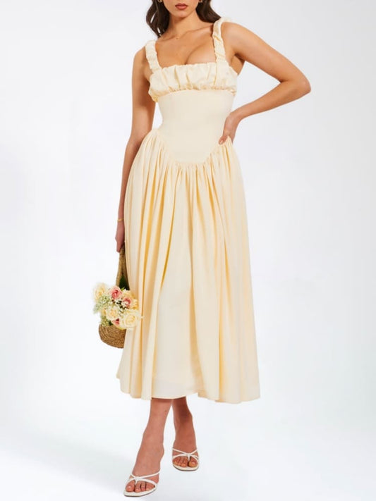Vestido maxi plisado de tirantes Noreen con mangas abullonadas