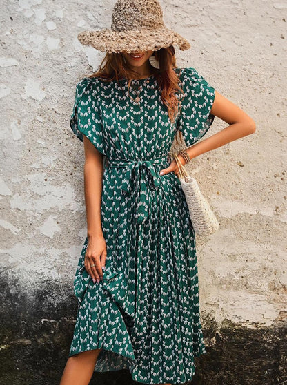 Vestido midi bohemio floral con tela elástica, cinturón de lazo, escote joya y mangas cortas
